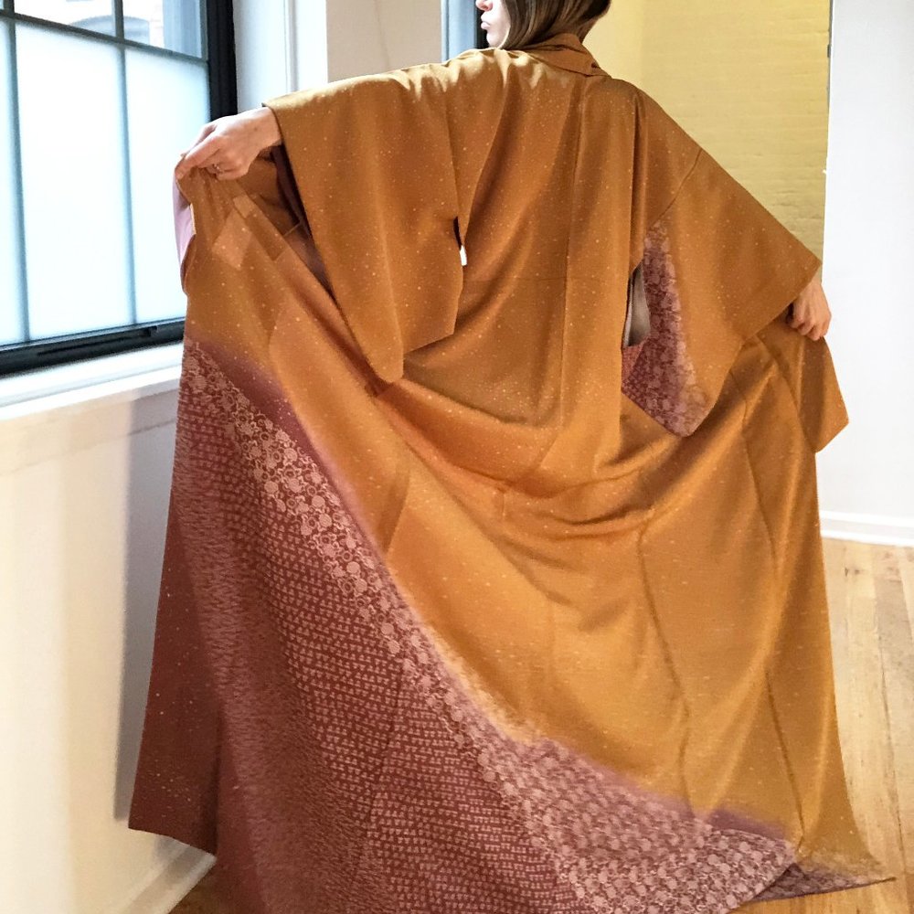 Mustard yellow long kimono vintage, traditional authentic Japanese kimono